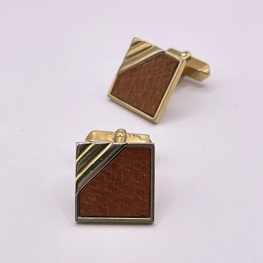 Vintage Swank Gold Tone Leather Cufflinks MCM Classic Modern 1